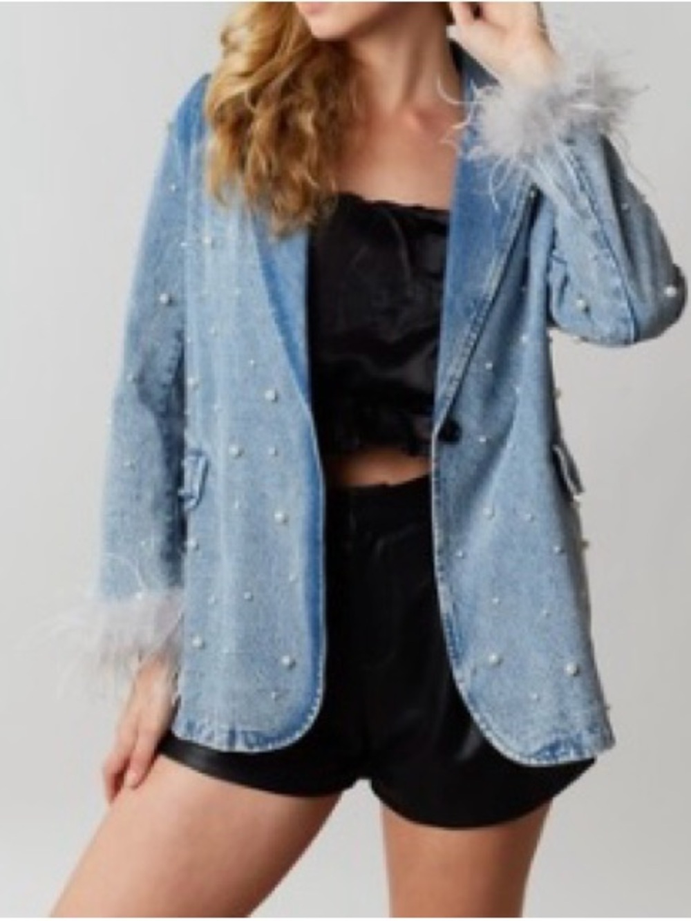 Light Blue Pearl-Embellished Denim Blazer with Feather Cuffs
